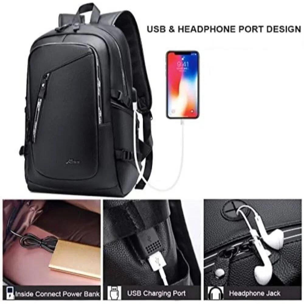 ✨DYJ Men Brown Vegan Leather Laptop Backpack Travel Daypacks with Port Laptop